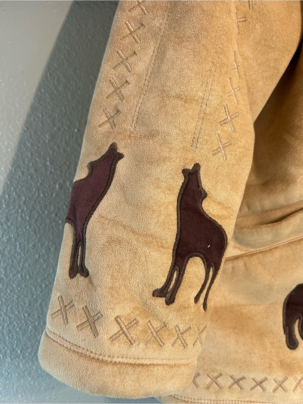 Tan Faux Suede Jacket with Wolf Applique - Picture 2 of 3
